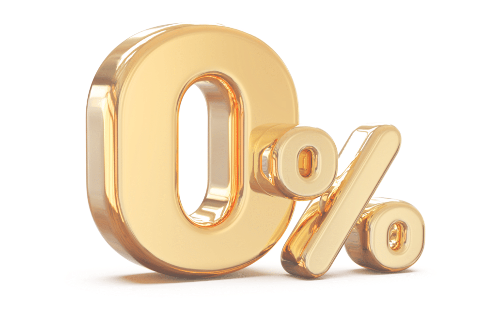 A 3D-rendered golden "0%" symbol on a white background, subtly highlighting the appeal of zero percent payment options.