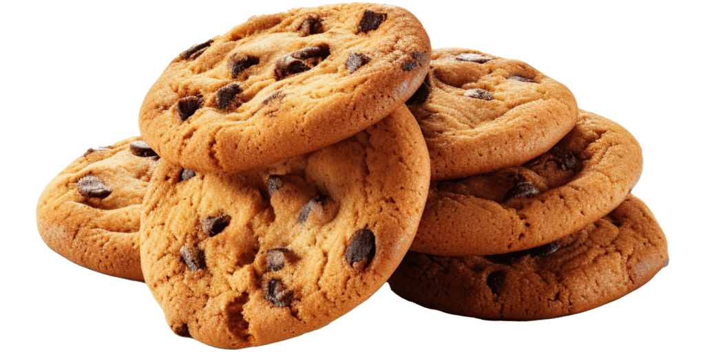 A stack of chocolate chip cookies, golden brown and deliciously fresh, is arranged in a tempting pile, reminiscent of a perfect cookie policy against a plain white background.