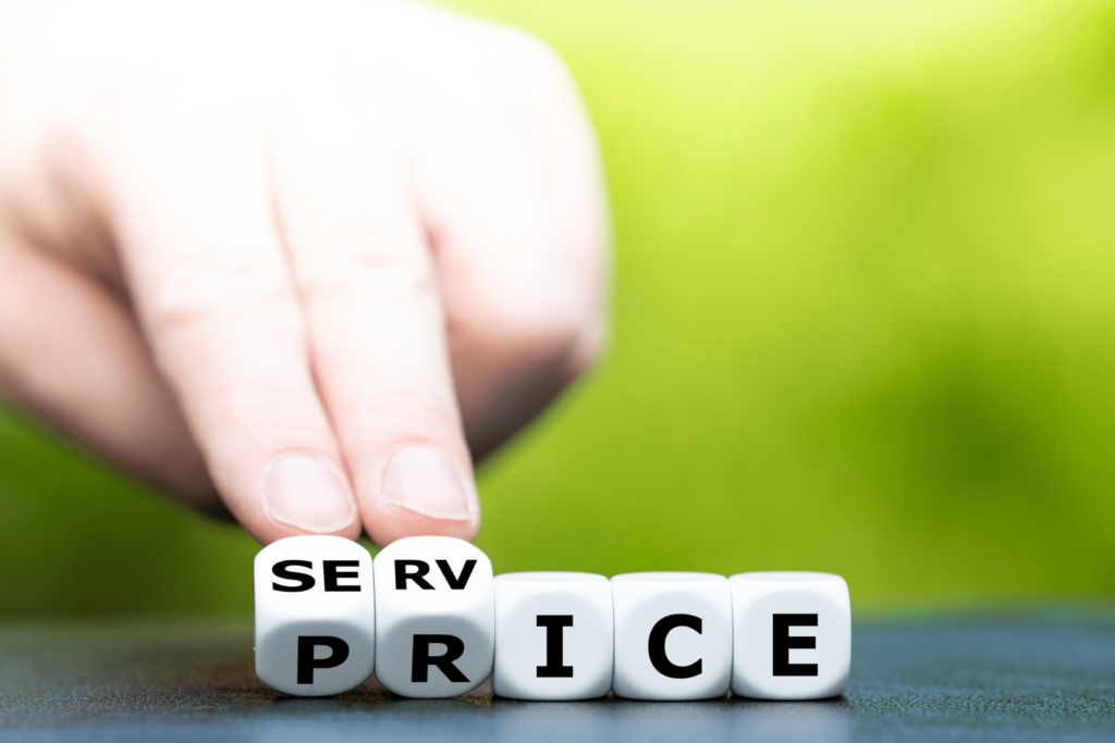 A hand is rotating a dice with letters, forming the words "SERV" and "PRICE" on other dice. The background is a blurred green, suggesting an outdoor setting.